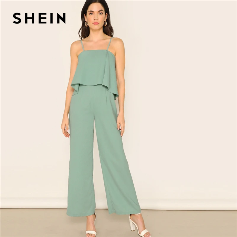 SHEIN Green Zip Back Overlap Wide Leg Spaghetti Strap Jumpsuit Women ...