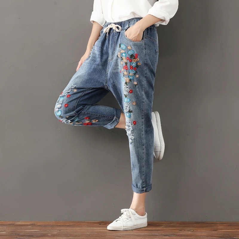 

Vintage Elastic Waist Jeans Woman 2018 Summer Autumn Fashion Floral Embroidery Jeans For Women Denim Pants Female Trousers
