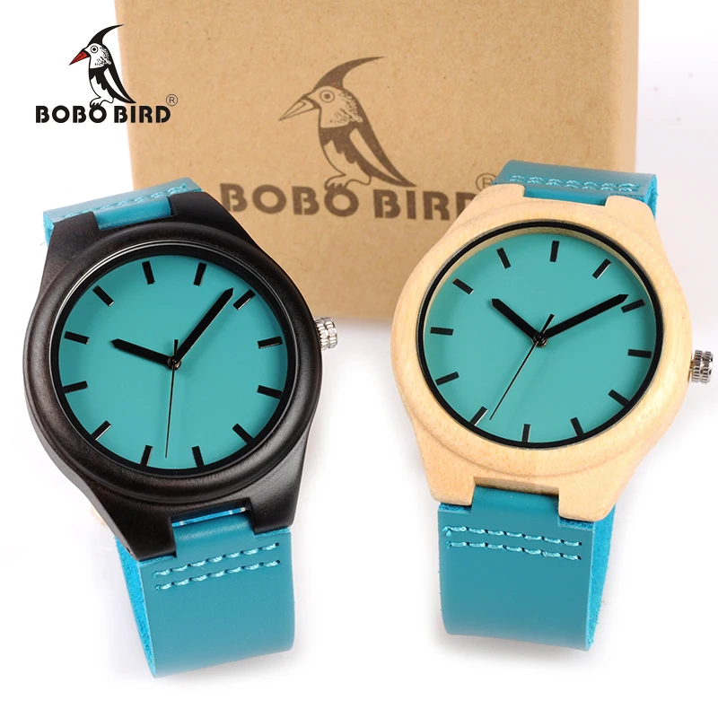 BOBO BIRD WF20 Bamboo Wooden Watches Hot Blue Leather Band Ebony Pine Wood Case Quartz Watch for Men Women