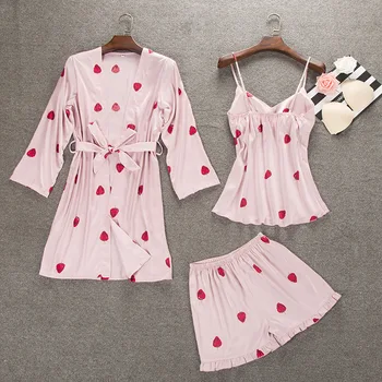 

Summer Sexy Robe Pajamas Sets Womens 3PC Strap Top short Pants Suit Sleepwear Casual Home Wear Nightwear Bath Gown