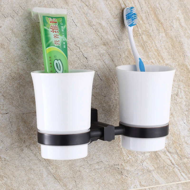 

Antique Brushed Square base Toothbrush Holder Black Double Cup holder European Wall Mounted products Bathroom Hardware Set