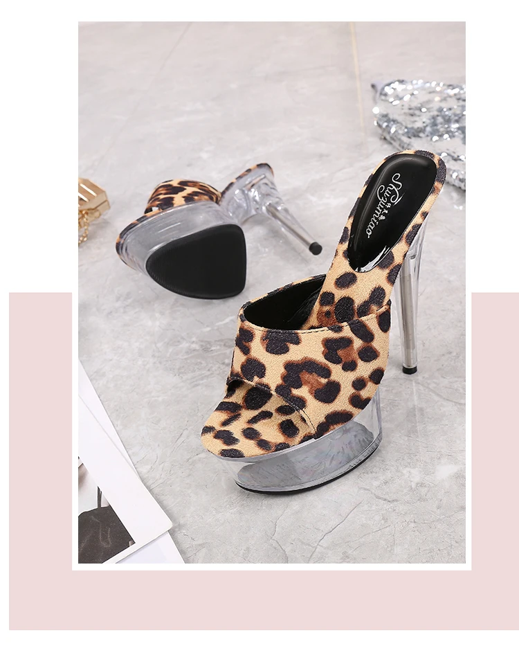 Shoes Woman New Platform Slippers Transparent Crystal Leopard High Heels 15cm Waterproof Shoes Big Size Female Slippers
