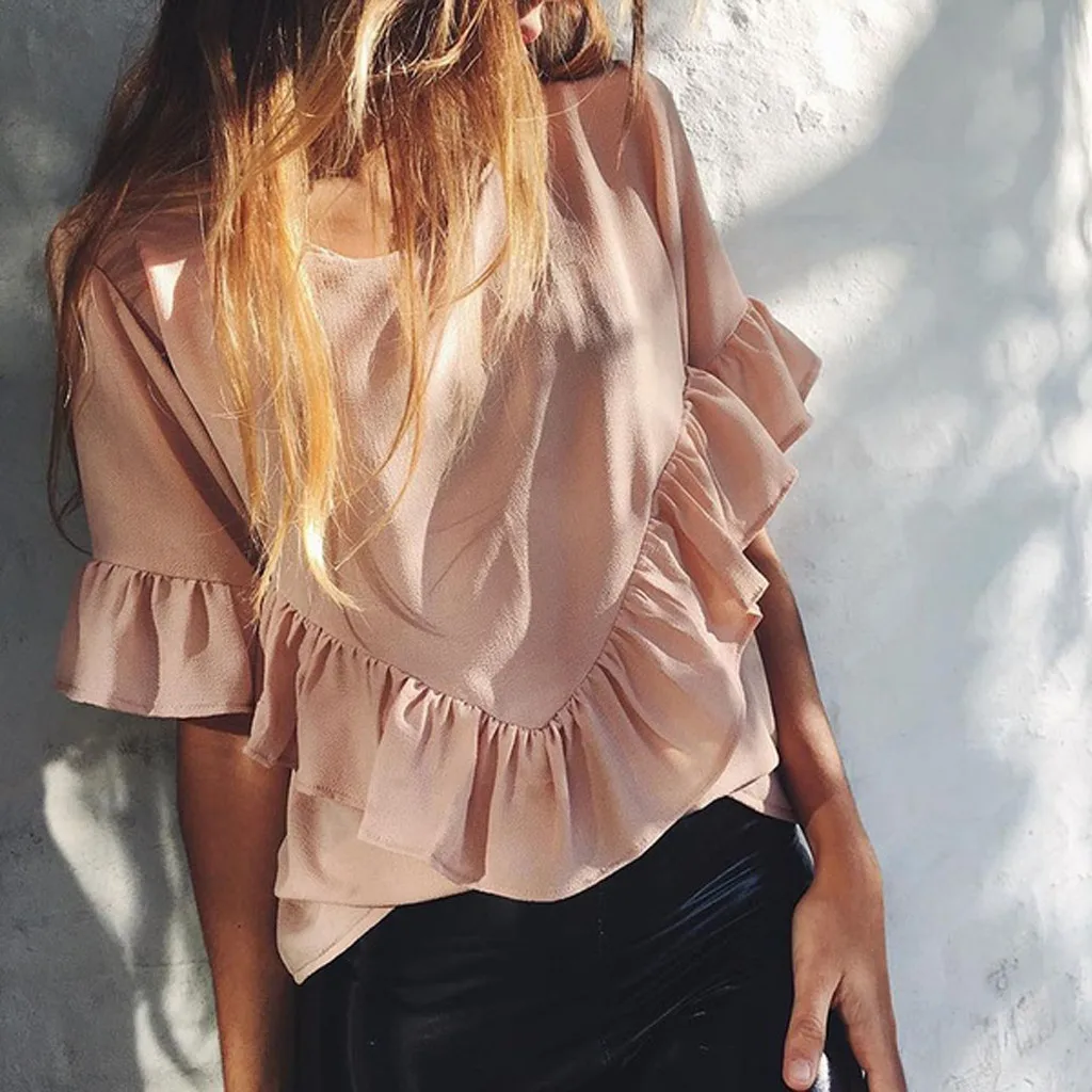 

FREE OSTRICH Women T Shirts Ruffle Solid O-Neck Short SleeveMulticolor Loose Trend Elegant Noble Vogue Summer T-Shirt For Women
