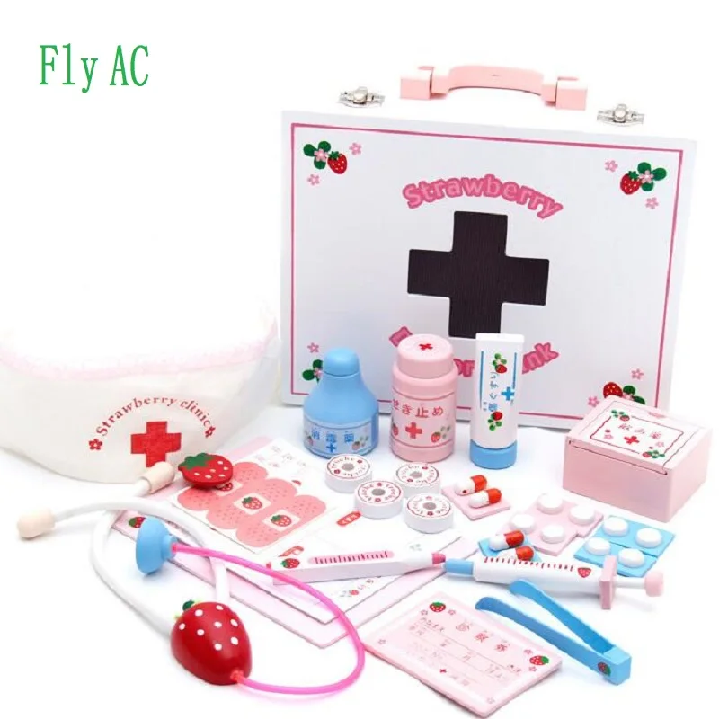 

[Fly AC] New Wooden Strawberry shape Doctor Play sets Simulation Medicine Box Pretent Stethoscope Injections Toys for Children