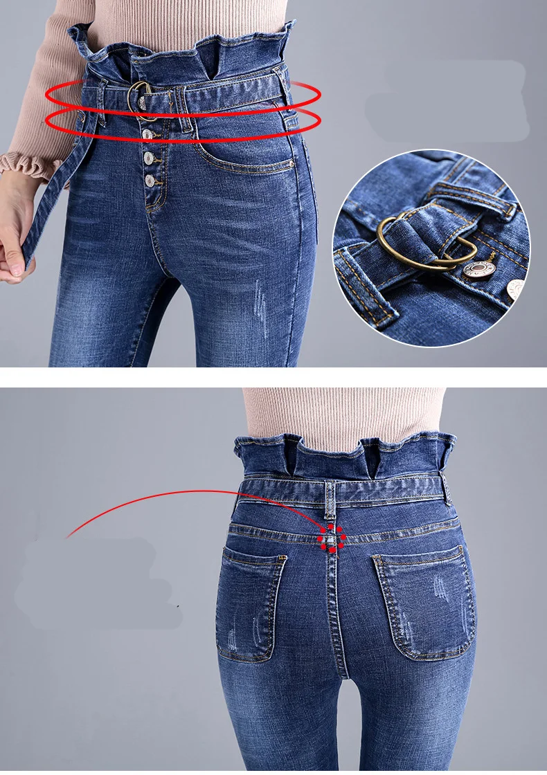 Новый Винтаж джинсы Для женщин Высокая талия стрейч джинсовые брюки женские с кисточками осенние ботильоны-Длина тонкий брюк молнии Брюки