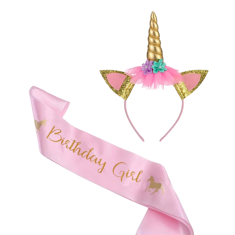 1pc GoldHeadband Set Модные милые вечерние повязки на голову с единорогом для девочек; Сатиновые ленты на день рождения с изображением героев мультфильмов; вечерние принадлежности для девочек с изображением единорога на день рождения - Цвет: 1pc GoldHeadband Set