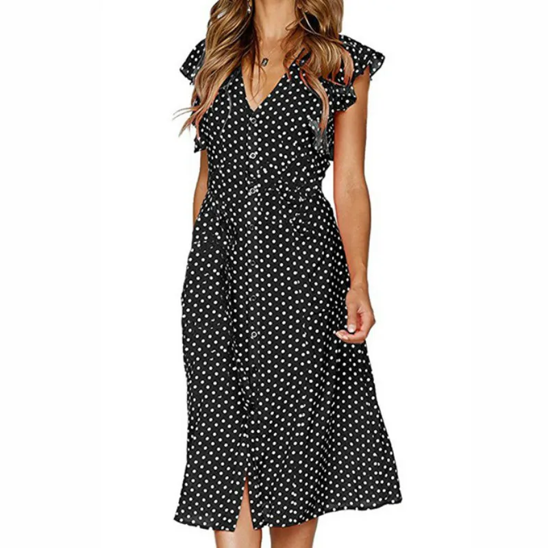 

Vintage Polka Dot Dresses Print Office Dress Elegant Sexy Women Midi Sundress Summer Buttons Butterfly Sleeve Dress Mujer GV995