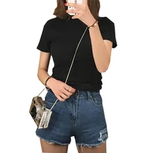 Тонкий дна Футболки для женщин Для женщин сезон: весна–лето короткий рукав Половина Водолазка Футболки-топы дамы Повседневное одноцветное белая футболка re0450