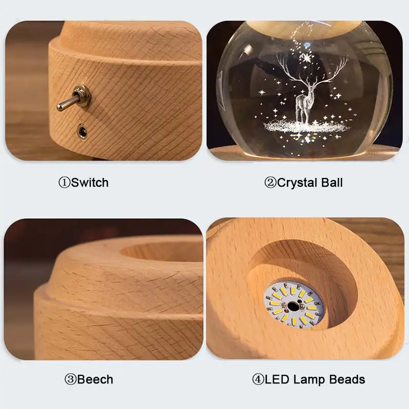 Caja de música de bola de cristal de Luna caja de música luminosa de madera manivela de mano mecanismo giratorio innovador para regalo de cumpleaños