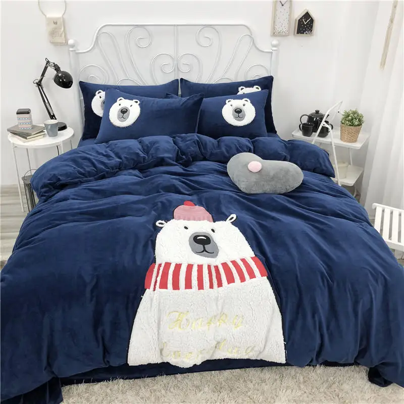 

Blue Cartoon Bear Applique Embroidery Winter Flannel Child Bedding set Fleece Fabric Duvet Cover Bed sheet/Linen Pillowcases