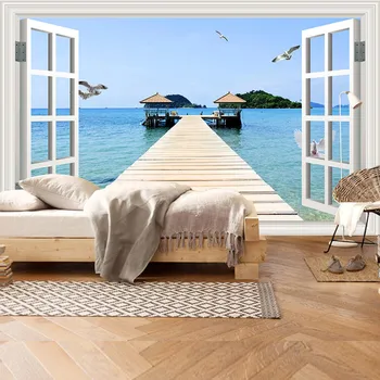 

Hotel Home Decor Wall Papers 3D Window Tropical Sea Bridge Photo Wall Paper Mural living room Self Adhesive Vinyl/Silk Wallpaper