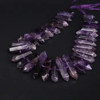 

15.5"strand Natural Amethysts Faceted Slice Double Point Loose Beads,Raw Purple Crystal Stick Nugget Pendants For Jewelry Making