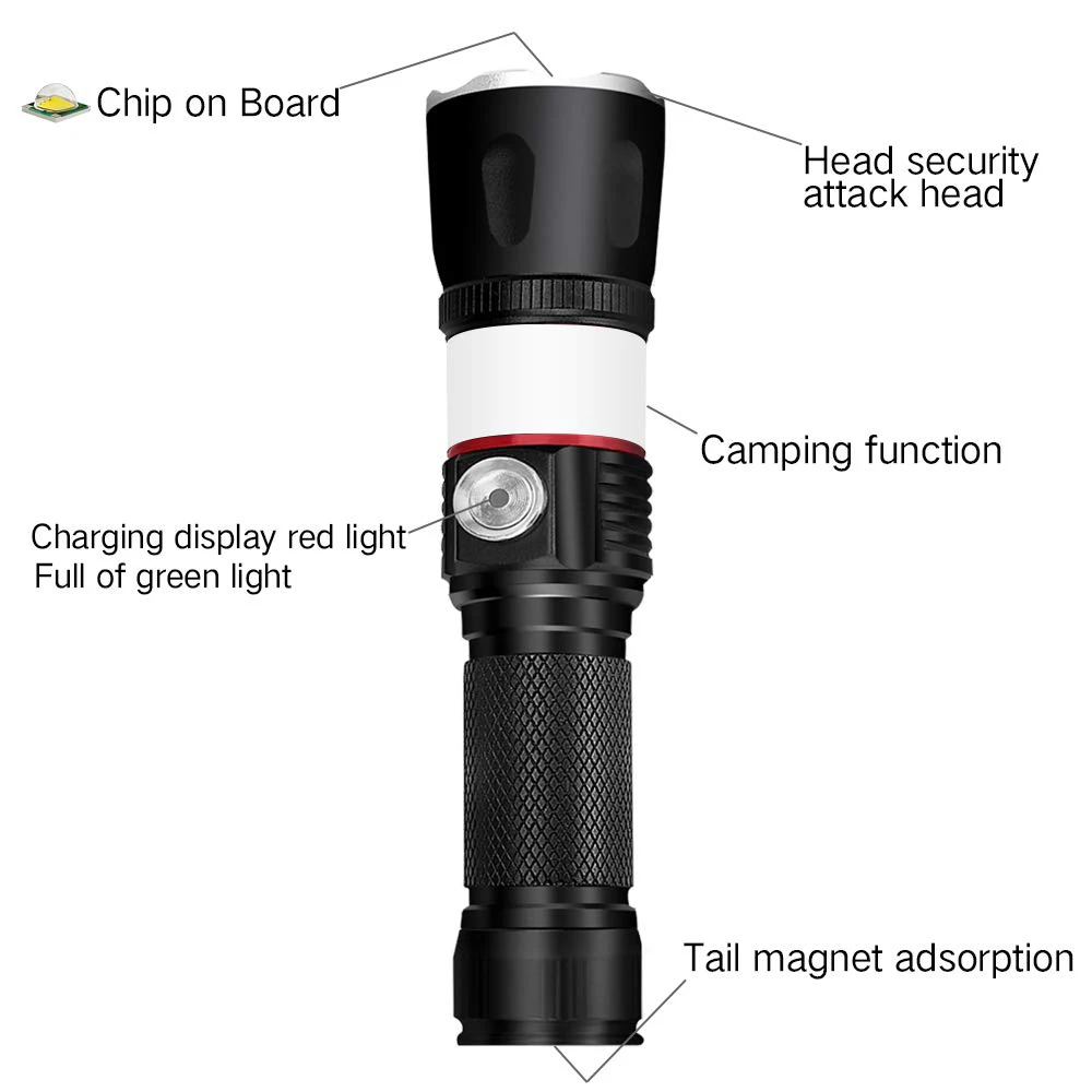 Микро USB флэш-светильник 1000 люмен 360 ° ручной фонарь COB T6 тактический масштабируемый походный фонарь рабочий светильник с магнитной основой