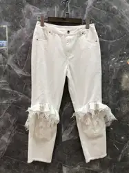 2019ss модные джинсы женские цветочные белые брюки пачка