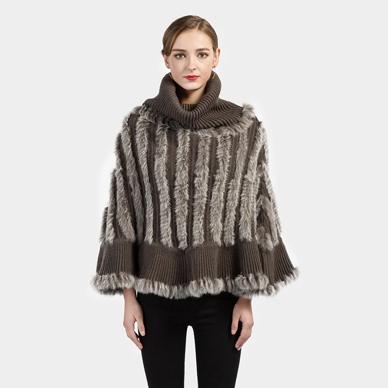 CK706 настоящий вязаный свитер с воротником «Черепаха» из кроличьего меха шаль-пончо, накидка, теплый шарф для женщин, 2 цвета, женские пончо и накидки - Цвет: grey