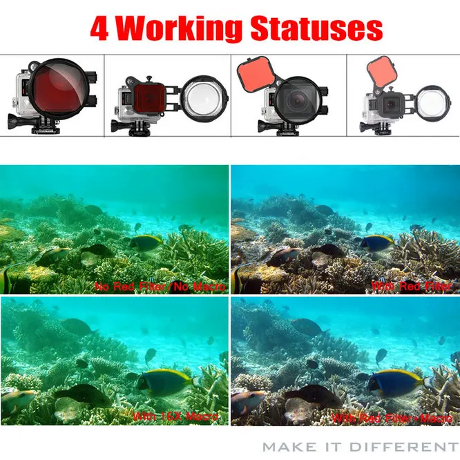 Red Color Correction Filter + 16X Close Up Macro Lens for Gopro Go Pro Hero 4 3 3+ Housing Case Underwater Scuba Lens Filter Kit (2)