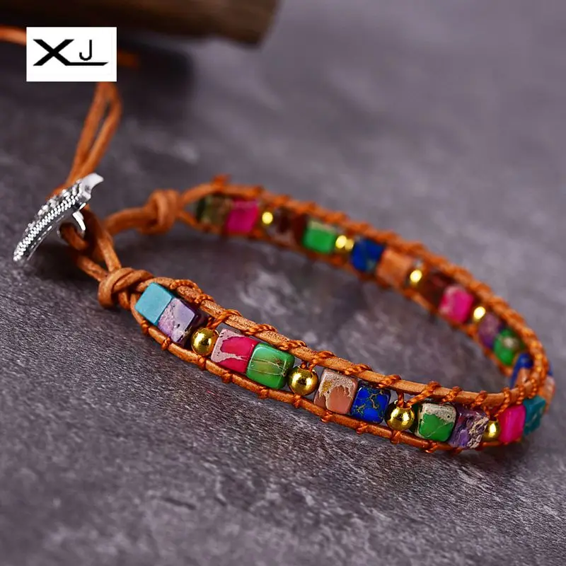 

XIN JIAO Free shipping Handmade Imperial Jaspers stone Thread Tube Beads Leather Cowhide Rope Wrap Bracelets Jewelry Women Gift