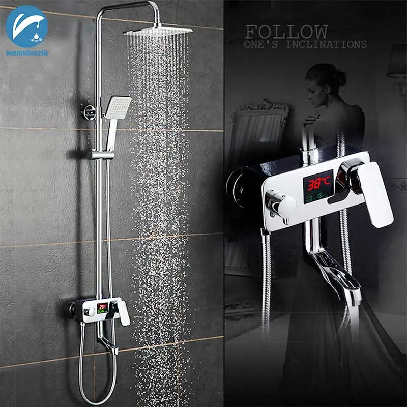 

Digital Display 8" Rainfall Shower Faucet Sets Rotate Tub Spout Chrome Shower Mixer Set Handshower Temperature sensor Mixer Tap
