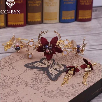 

CC Jewelry Crowns Tiaras Hairbands 3pcs Set Earrings Bridal Hair Accessories For Women Wedding Decorations Handmade Flowers 2206