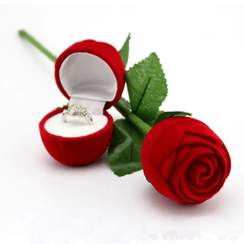 

Romantic Rose Flower Ring Box Flocking Velvet Wedding Engagement Jewelry Boxes Jewelry Packing Case Valentine Day Gift Box