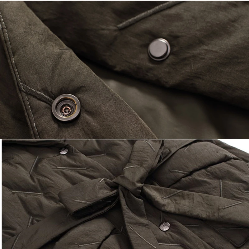 Women Winter Down Coats Thin Warm Down Jacket Female Embroidered X-Long Parka Single-breasted Turn-down Collar With Belt Pocket