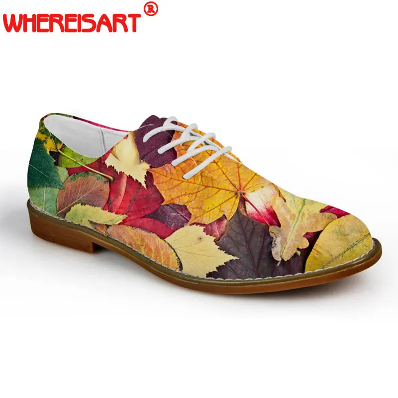 

WHEREISART Brand Synthetic Leather Men Casual Shoes Mixed Color Novelty Maple Leaf Printed Oxfords Shoes for Man Lace up Flats