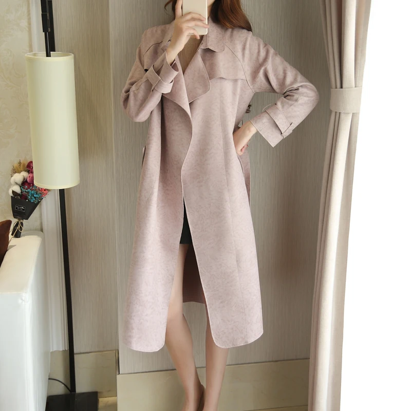 Daim Manteaux dark Vers Tranchée Blue Tournent Casual Long Solides Manteau À Printemps Automne Pour Femmes Slim Gray pink Green Le 2018 Suede Bas navy TgzXHq