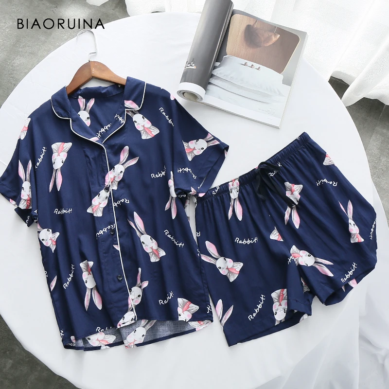 

BIAORUINA Women Sweet Pajama Sets Rabbit Printed Viscose Tops Short Sleeve + Loose Cute Short Summer Women's Sleeping Sets