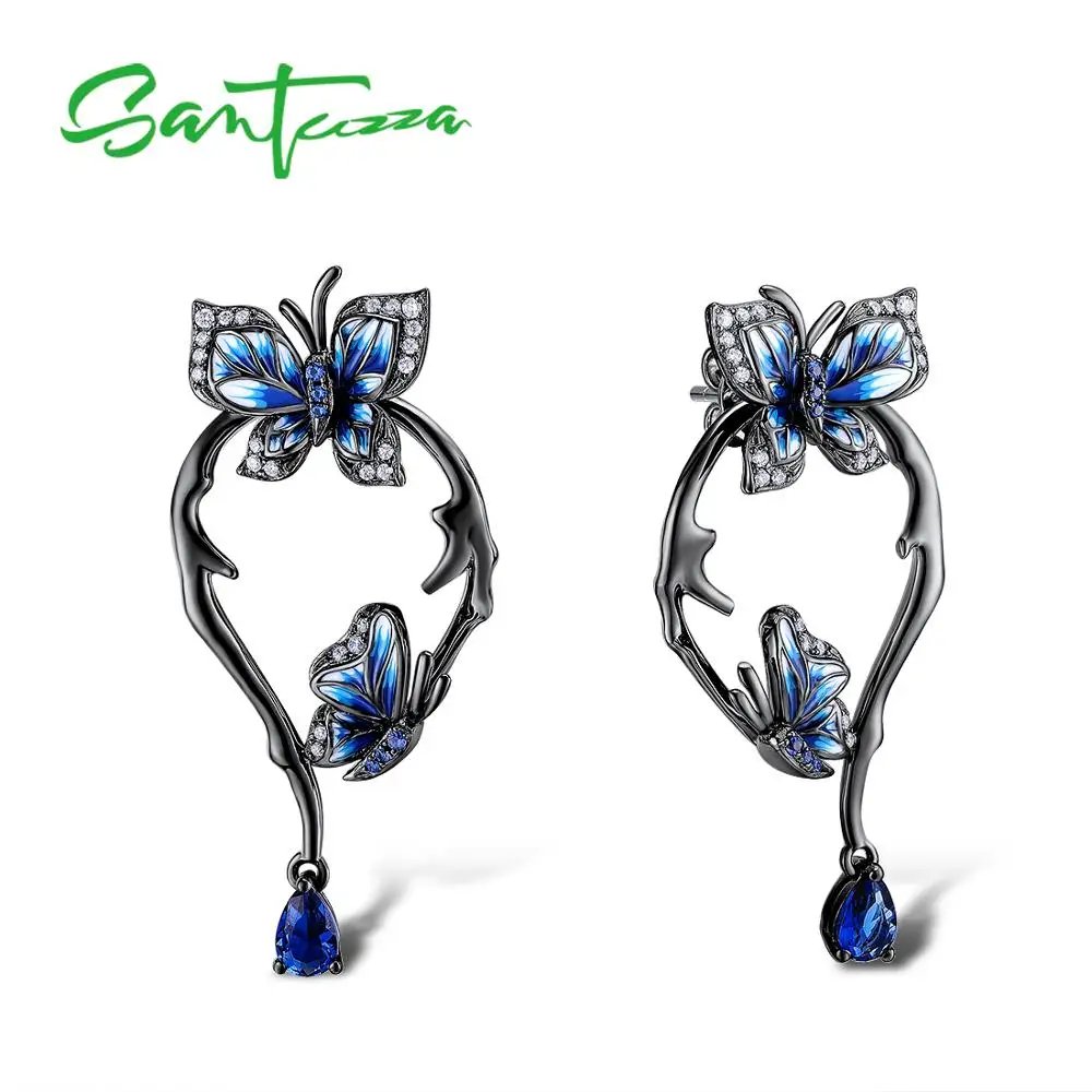 SANTUZZA, серебряные серьги для женщин, натуральная 925 пробы, серебряные, голубые, бабочки, серьги, гламурные, модные ювелирные изделия, ручная работа, эмаль