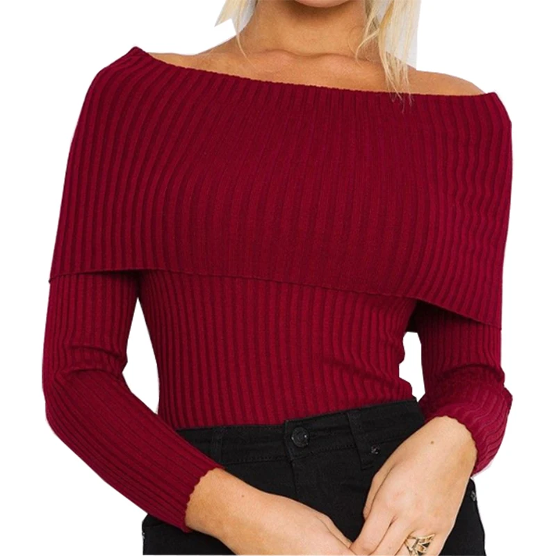 

t shirt women 2019 slash collar sexy shoulder strapless knit shirt long sleeve vestidos stranger things BLK9226
