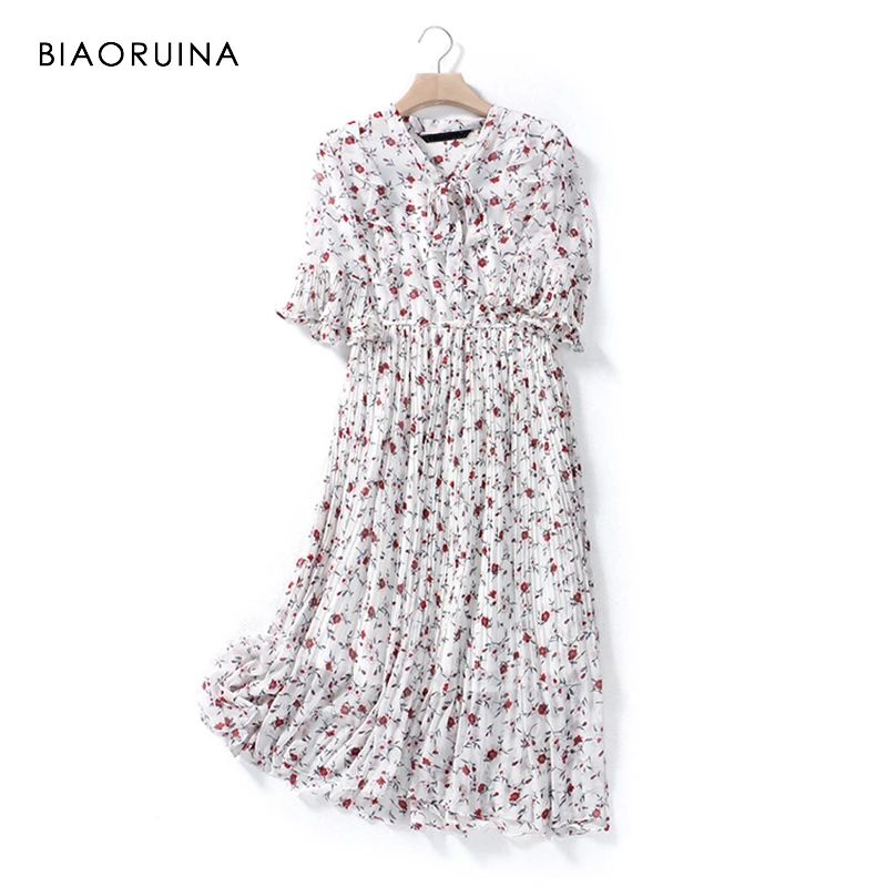 

BIAORUINA Women Sweet Floral Printed Knee-Length A-line Dress Short Flare Sleeve Female High Waist Elegant V-neck Dress Vestidos