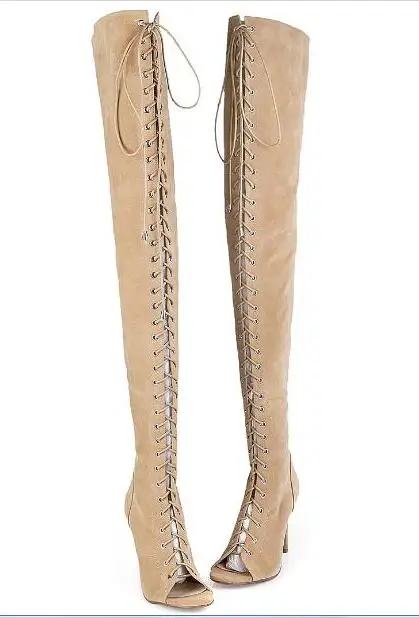 Hot-Sexy-Club-Women-Black-Peep-Toe-Boots-Lace-Up-Thigh-High-Boots-Cut-Outs-Gladiator