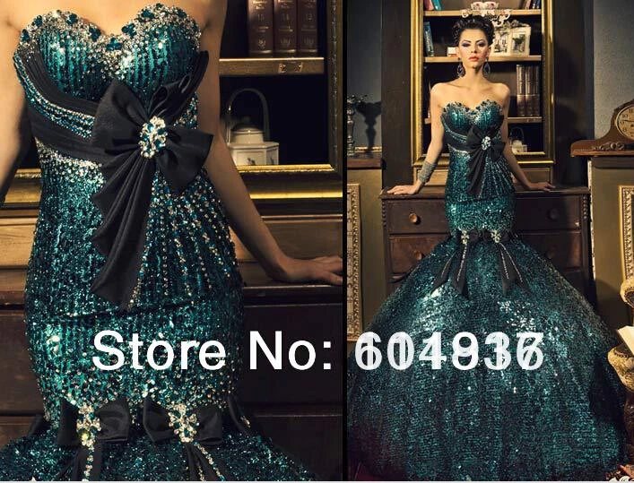 

party prom sweetheart Sequined vestido de renda 2014 new fashion sexy women beading bow mermaid long evening dress free shipping
