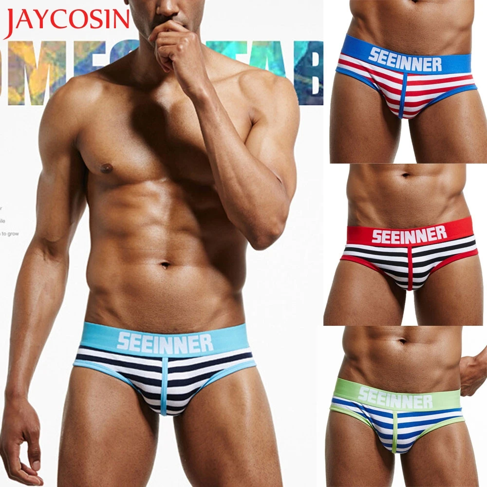 Mens Striped Pouch Soft Cotton Briefs Panties Sexy Underwear Shorts