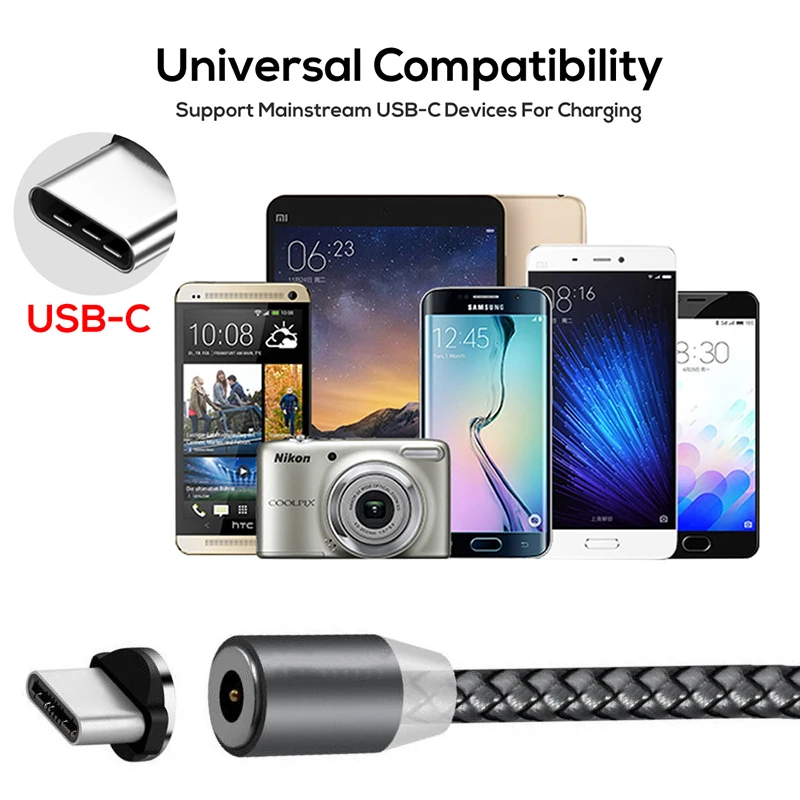 Светодиодный магнитный кабель usb type-C, Магнитный зарядный кабель type-C для samsung S8 S9 Plus A3 A5 Xiaomi 8 Oneplus USB-C, зарядный провод