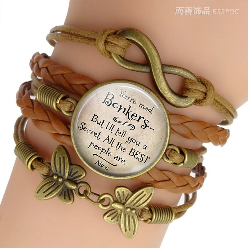 

You're Bonkers, Alice In Wonderland Woven Bracelet Literary Quote Jewelry Glass Dome Cabochon Leather Bracelet Bangle Chain Gift