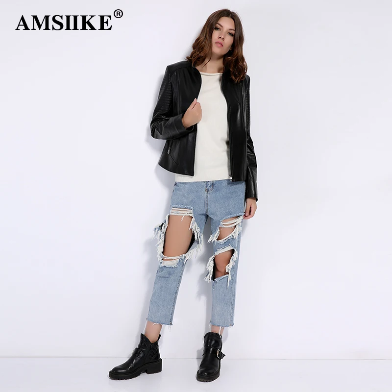 AMSIIKE 2017 Женская Кожаная Куртка из Овчины Чёрный цвет Стойка Воротник A2701| |