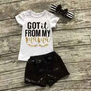 

Baby Girls Letters Clothes Kids Headband TShirt Sequin Shorts Girl Summer Clothing Sets For 80-120cm