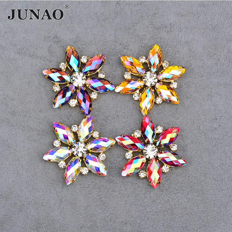 

JUNAO 2pcs 36mm Sewing Red AB Crystals Flower Rhinestones Resin Strass Appliques Flatback Gold Claw Crystal Stone for Clothes