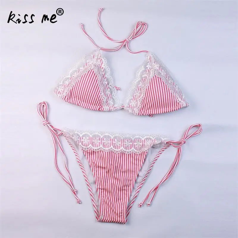 Sexy Bikini Set Rood Gestreepte Hoge Cut Badpak String Strand Dragen Vrouwen Driehoek Bikini Set Sexy Bikini Set Rood Gestreepte Hoge Cut Badpak String Strand Dragen Vrouwen Driehoek Bikini Set