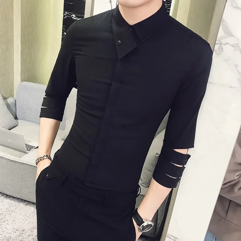 En Ligne Style britannique Chemise Hommes 2018 D été Nouvelle Personnalité Slim Fit Chemise de smoking 3 4 Manches Night Club Party Robe Chemises Sociaux 3XL M