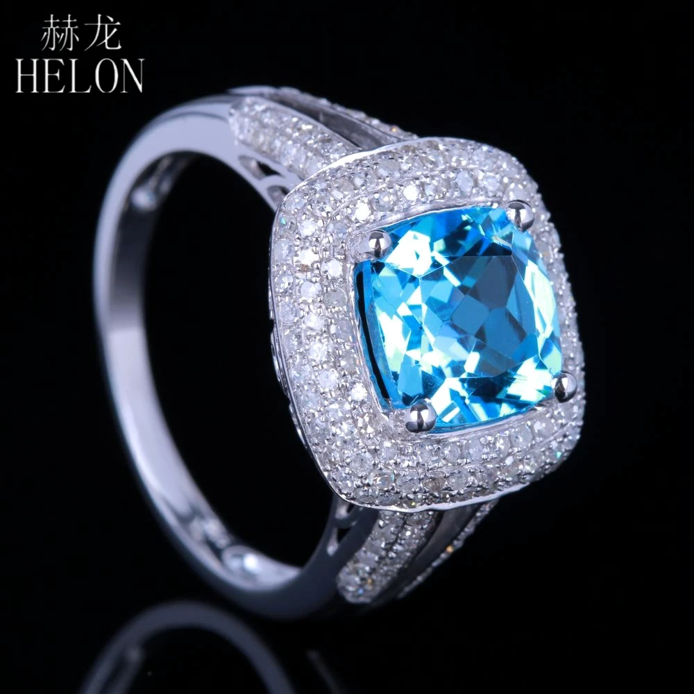

HELON Brilliant 8mm Cushion Cut Blue Topaz Pave Natural Diamond Engagement Wedding Ring Solid 10K White Gold Fine Jewelry Ring
