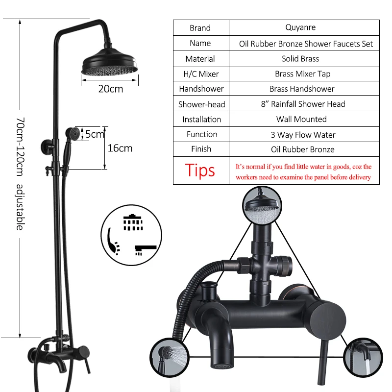 Quyanre черный набор душевых смесителей " латунный душ с дождевой насадкой ванна носик для ванной душ настенный черный медный излив на ванну душ