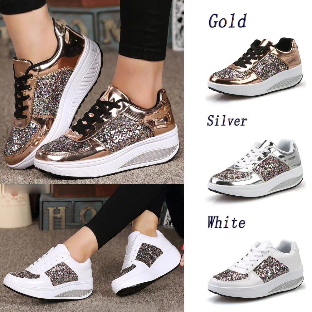 

Women Platform Shoes Wedge Sneaker Lace-Up Bling Ladies Shoes Silver Gold White Sequins Wedge Sneaker Dropshipping 10.935