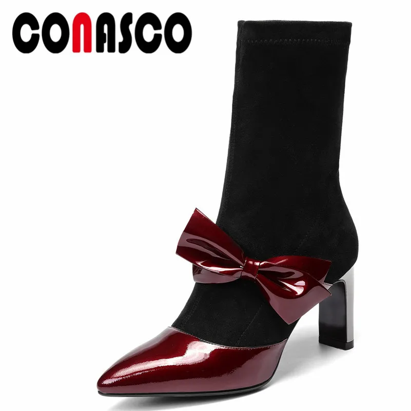 

CONASCO 1Fashion Women Mid-Calf Boots Autumn Winter Warm Genuine Leather High Heels Shoes Woman Pointed Toe Butterfly Knot Boots