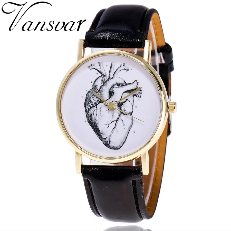 Vansvar Brand Vintage Leather Human Anatomy Heart Wrist Watch Casual Fashion Ladies Women Quartz Watch Relogio Feminino V46 vansvar brand vintage leather cute cat watch casual fashion ladies women quartz watch relogio feminino v48