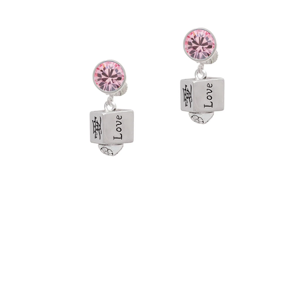 Chinese Symbol Love Square Spinner Crystal Clip On Earrings (3)