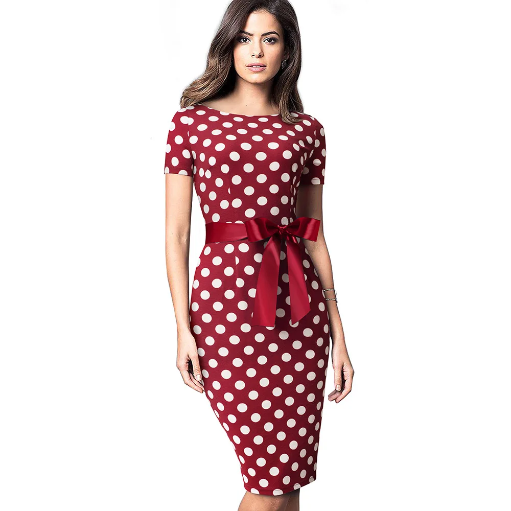 Хорошее-Forever винтажное элегантное ретро платье в горошек с полосками vestidos деловые вечерние облегающие платья B536 - Цвет: Красный
