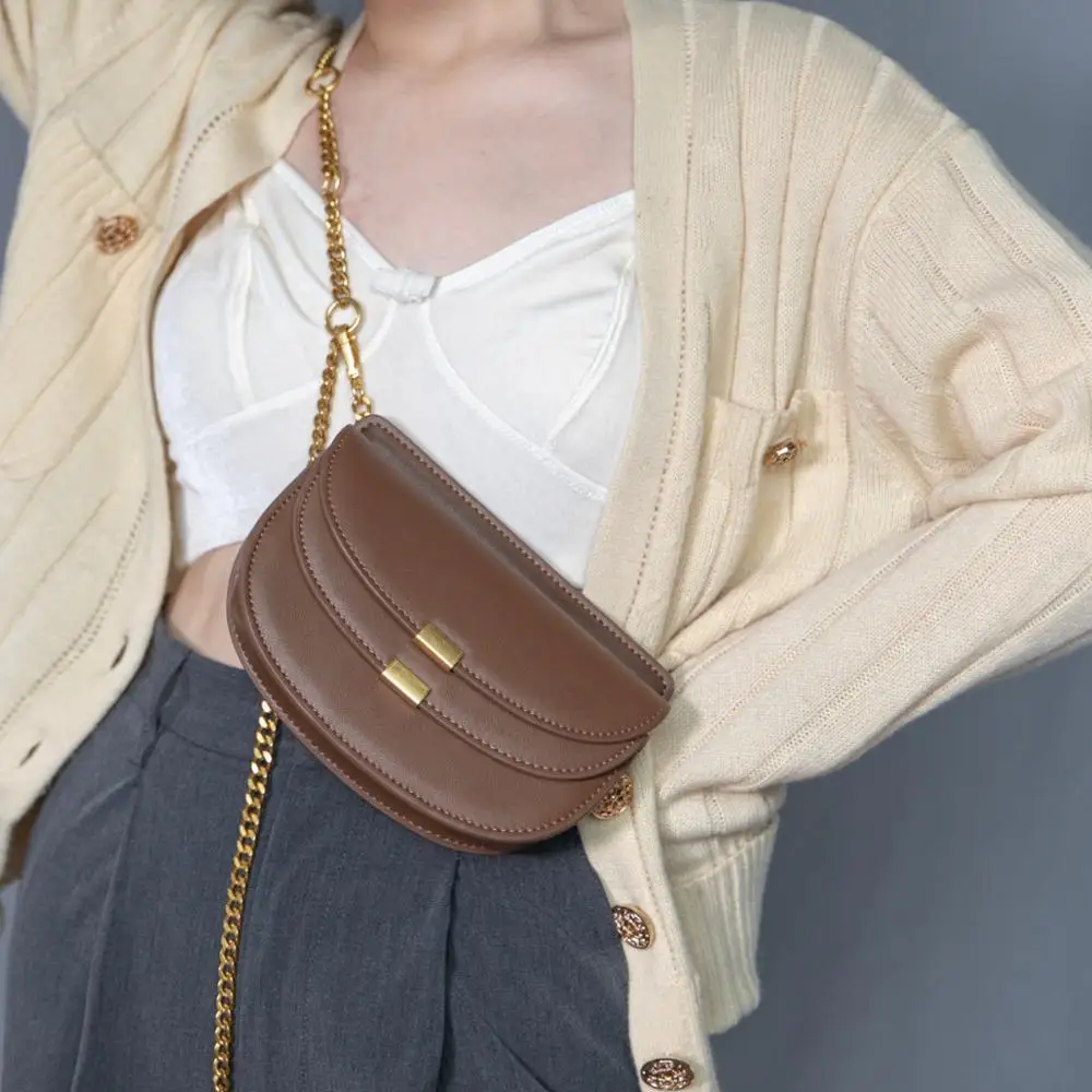 

Chain Small Women Shoulder Crossbody Bag Genuine Leather Female Saddle Bag Designers Chest bag Retro Half Moon Waist Bag