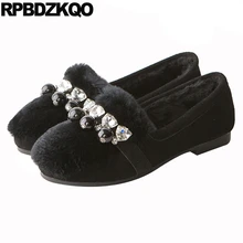 Зима плоские последний кролик женщин замша кристалл черный Круглый носок горный хрусталь дам Фарфор для обуви Китай жемчужный мех Мода европейская красивая весенняя осень последние отправка капель